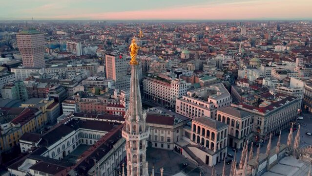 Sunrise Drone View of Madonnina Duomo Milan