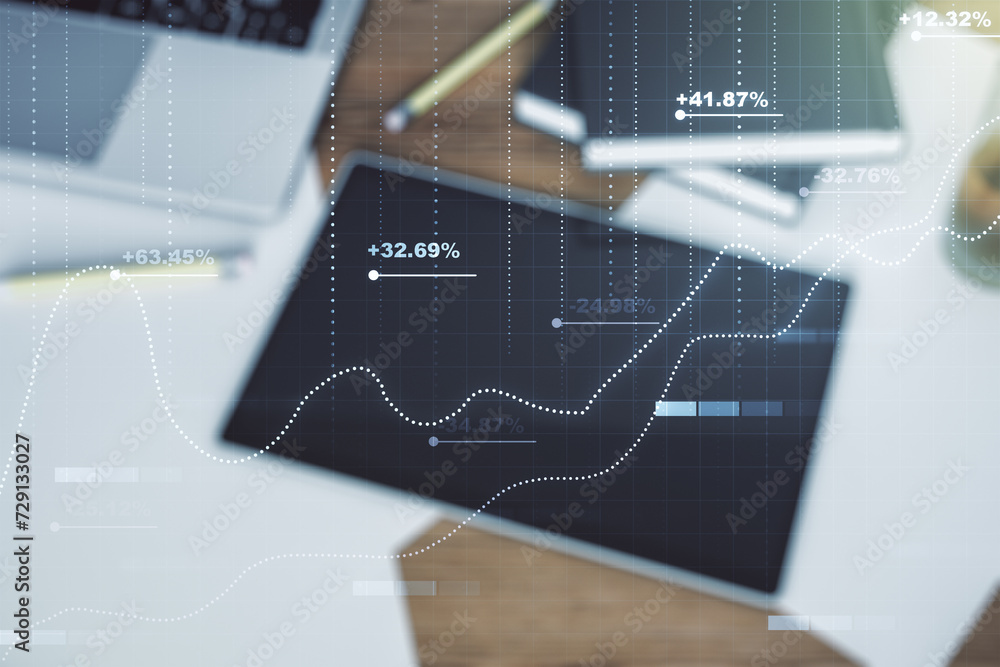 Poster abstract creative analytics data spreadsheet and modern digital tablet on desktop on background, top