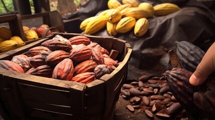 Cocoa pods in a wooden crate with blurred cocoa beans and spices in the background.