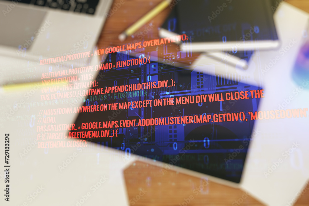 Poster abstract creative coding illustration and modern digital tablet on desktop on background, top view, 