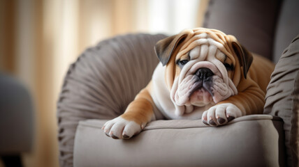 Sleepy bulldog on a chair.