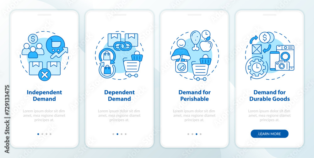 Aufkleber demands analytics blue onboarding mobile app screen. demands type walkthrough 4 steps editable graph