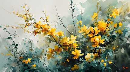 Yellow Blossoms Watercolor Artwork.