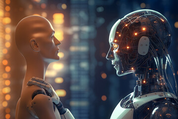 person talking with robotic ai.futuristic technology or machine learning concepts. generative AI.