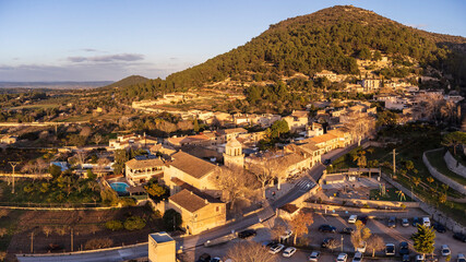 Obraz premium Parish church in the village of Randa and mountain of Puig de Cura, Algaida, Mallorca, Spain