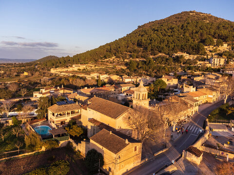 Parish church in the village of Randa and mountain of Puig de Cura, Algaida, Mallorca, Spain