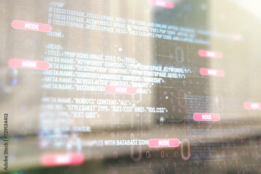 Poster double exposure of abstract creative programming illustration on contemporary business center exteri