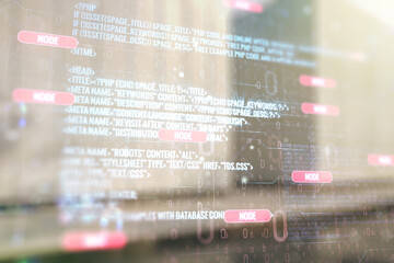 Double exposure of abstract creative programming illustration on contemporary business center exterior background, big data and blockchain concept