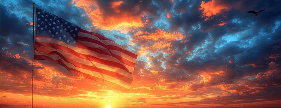 Fiery Sunset with a Flag of Freedom Generative AI