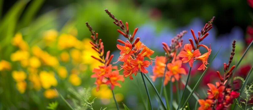'Monbretia' or Crocosmia x crocosmiiflora 'George Davison' blooms during the summer season.