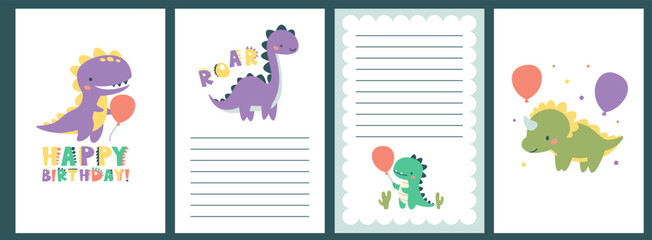Template for baby showers. Cute funny dinosaurs, Lettering Happy Birthday and Roar. Set of vector greeting card templates . Vector illustration