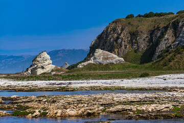panorama of kaikoura peninsula in north canterbury, new zealand; famous rocky peninsula with cliffs...