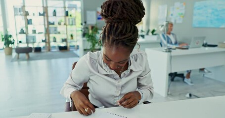 Woman, pen on nose and playing in office with laughing or silly, goofy and funny at corporate workplace. Employee, black person and comedy at company desk with humor, crazy and confidence for fun