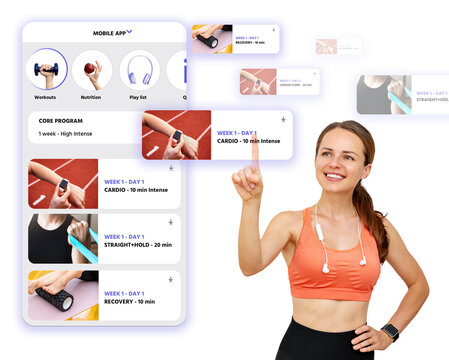 Sporty woman in sportswear choosing fitness workout in mobile app. Virtual screen infographics and female sporty person. - Powered by Adobe