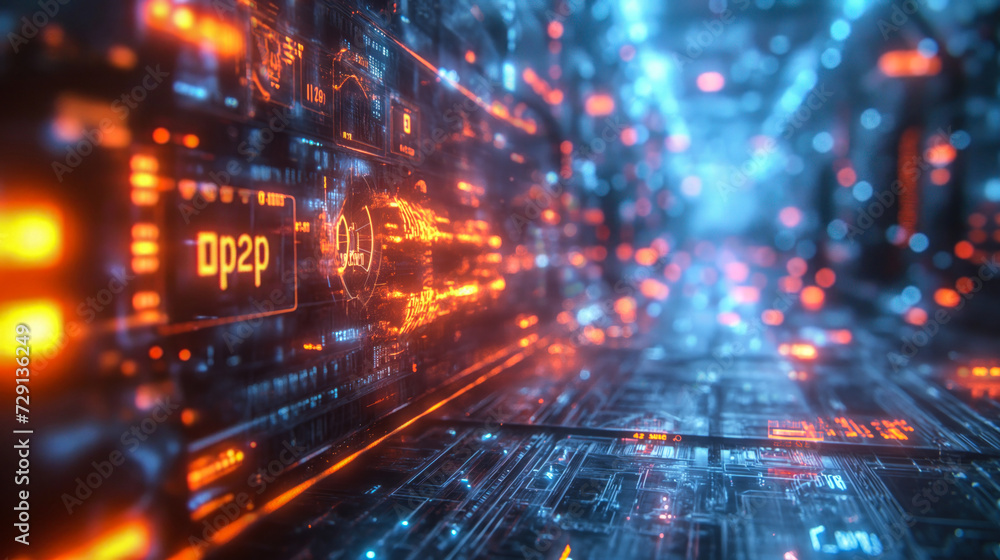 Aufkleber dynamic digital landscape of a peer-to-peer network concept with glowing orange p2p cryptography sym