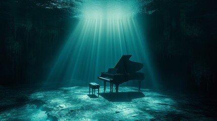 The piano stands underwater at the bottom of the sea - obrazy, fototapety, plakaty