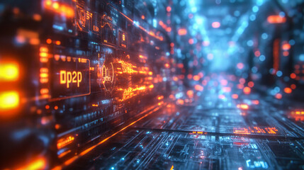 Fototapeta premium Dynamic digital landscape of a Peer-to-Peer network concept with glowing orange P2P cryptography symbols on a futuristic cyber city grid