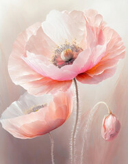 Piękne, pastelowe kwiaty różowych Maków, tapeta, dekoracja. Generative AI