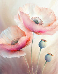 Piękne, pastelowe kwiaty różowych Maków, tapeta, dekoracja. Generative AI - obrazy, fototapety, plakaty