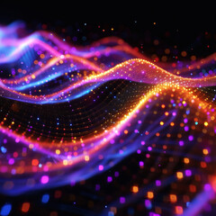 Obraz premium Dynamic Neon Light Wave on Black Background. Dynamic neon light wave with a spectrum of colors and particles on a black backdrop.