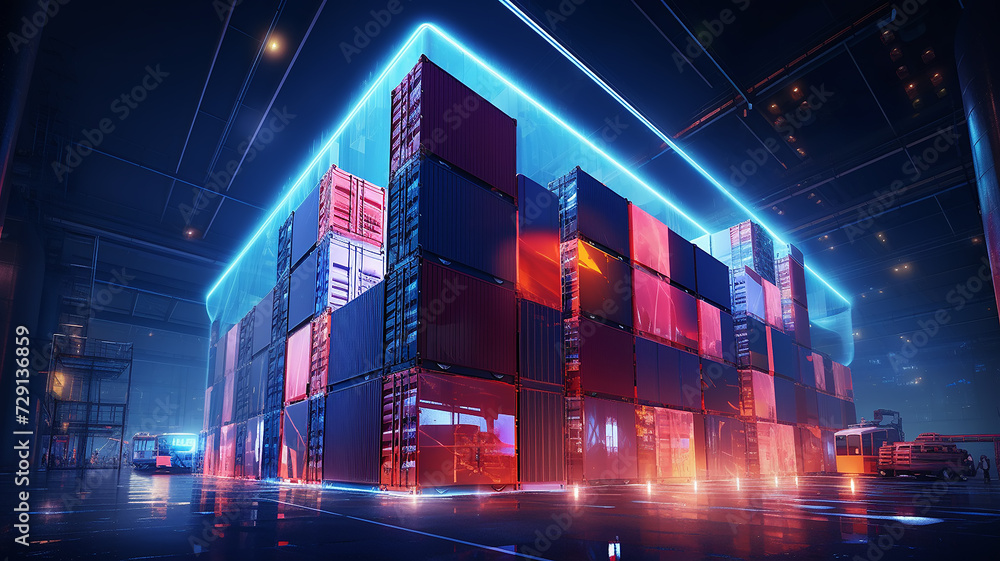 Poster warehouse technology of the future, warehouse program, neon background, futuristic computer graphics