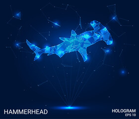 A hologram of a hammerhead fish. A hammerhead fish made of polygons, triangles of dots and lines. The hammerhead fish is a low-poly compound structure. Technology concept vector. - obrazy, fototapety, plakaty