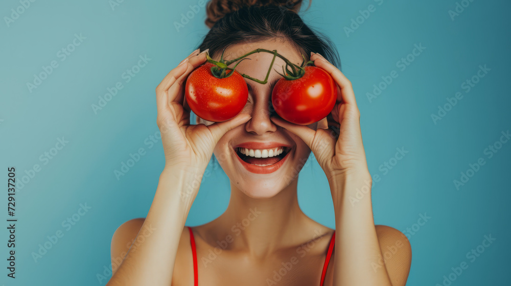 Wall mural happy smiling model woman holding red tomatoes in front of her eyes isolated on blue background with