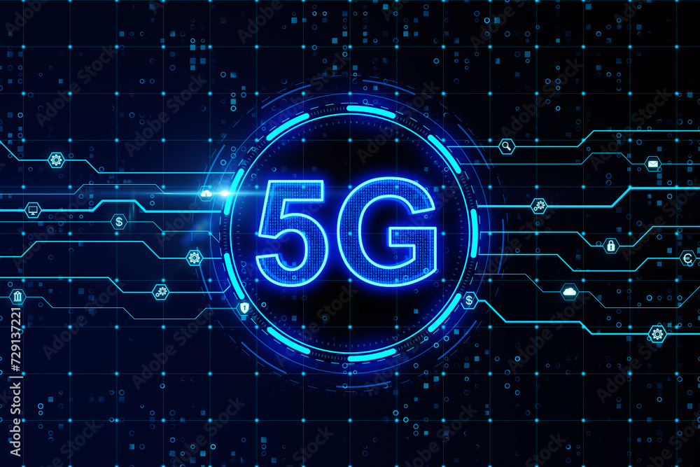 Poster Digital 5G symbol glowing on a circuit board. Technological connectivity concept. 3D Rendering