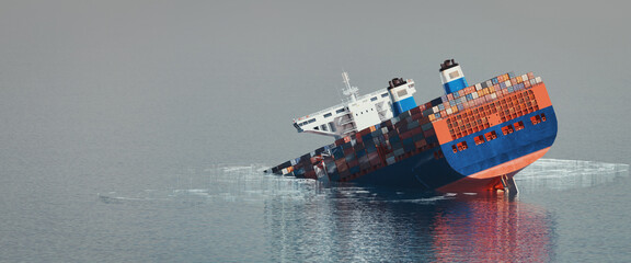 A large cargo ship tilted and sank sideways in the ocean..