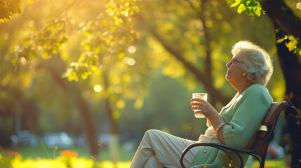 Old elderly woman enjoying a glass of water to hydrate herself with fresh air of a park on summer heatwave