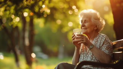 Old elderly woman enjoying a glass of water to hydrate herself with fresh air of a park on summer heatwave