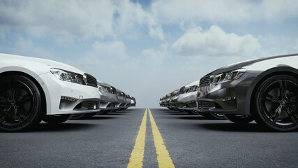 Rows of cars parked neatly in the parking lot. 3d, rendering, illustration,