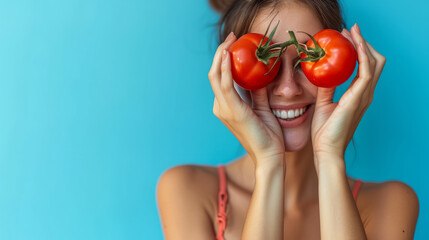 Happy smiling model woman holding red tomatoes in front of her eyes isolated on blue background with copy space