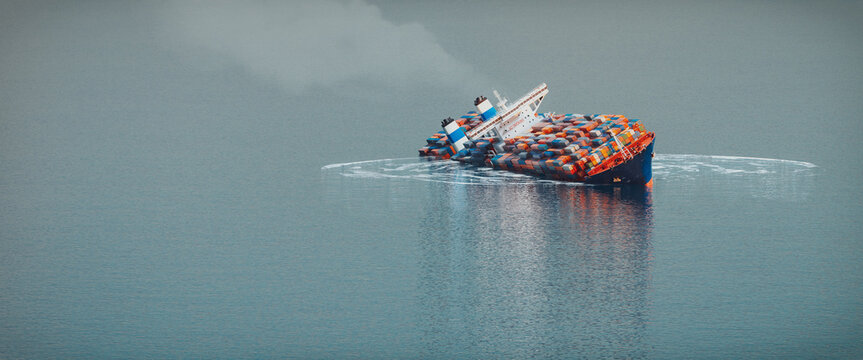 A large cargo ship tilted and sank sideways in the ocean.3d, rendering, illustration,