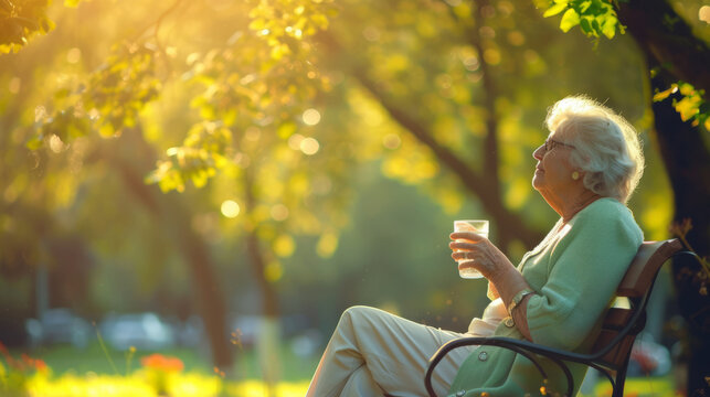 Old elderly woman enjoying a glass of water to hydrate herself with fresh air of a park on summer heatwave
