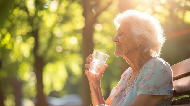 Old elderly woman enjoying a glass of water to hydrate herself with fresh air of a park on summer heatwave