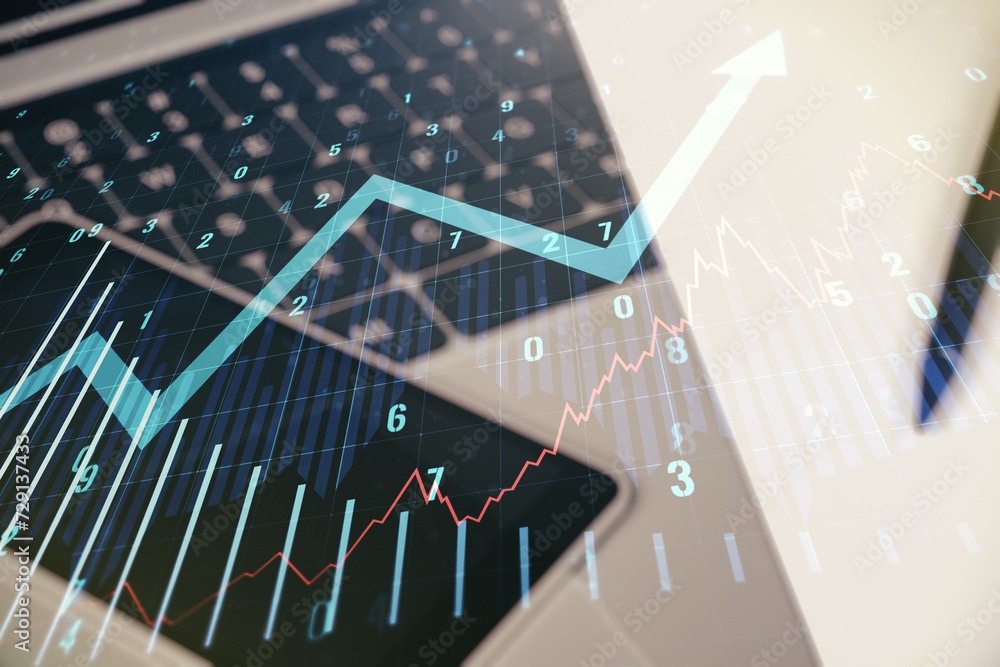 Poster multi exposure of abstract financial graph with upward arrow on modern computer background, financia