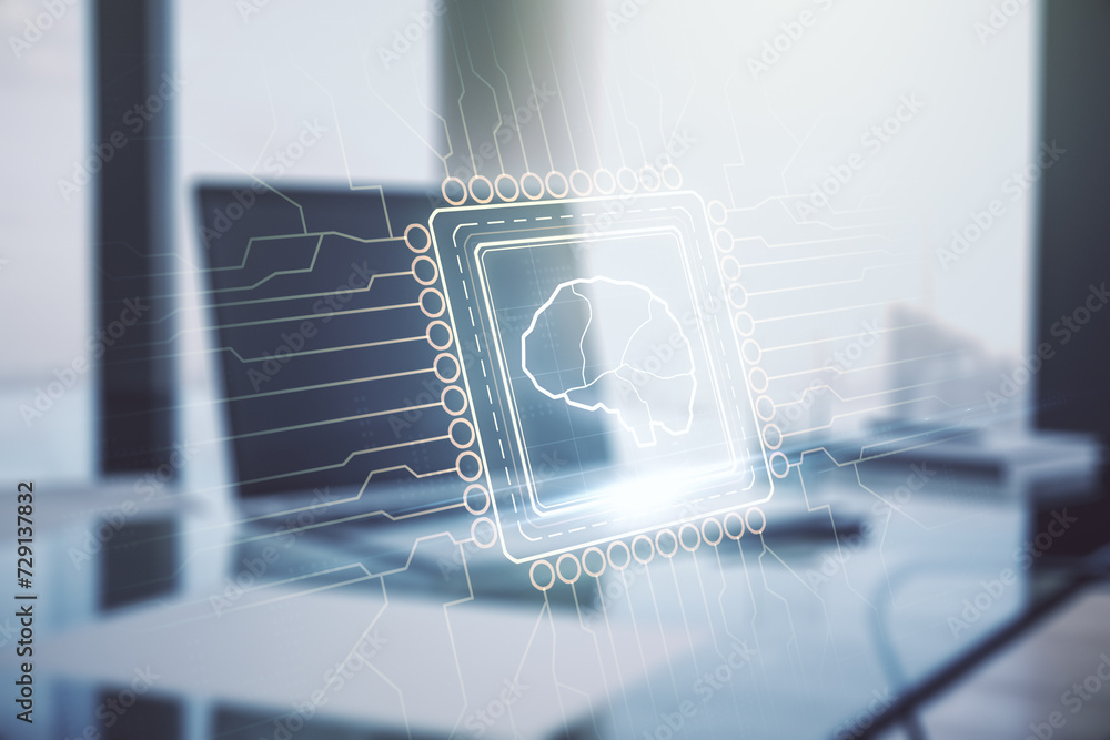 Poster Double exposure of creative human brain microcircuit with computer on background. Future technology and AI concept