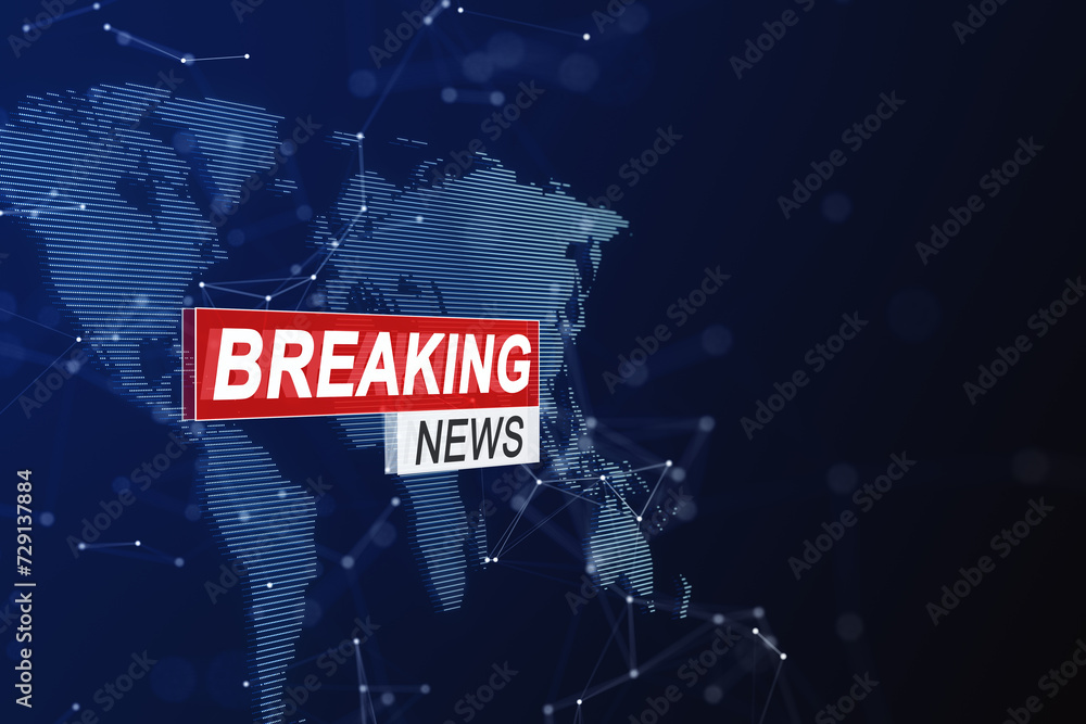 Poster live breaking news title overlay on digital world map network background. 3d rendering