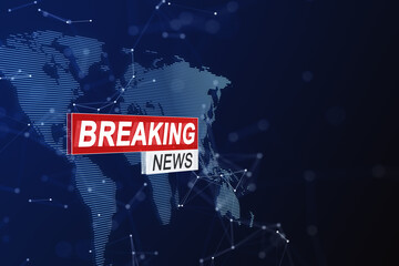 Live breaking news title overlay on digital world map network background. 3D Rendering
