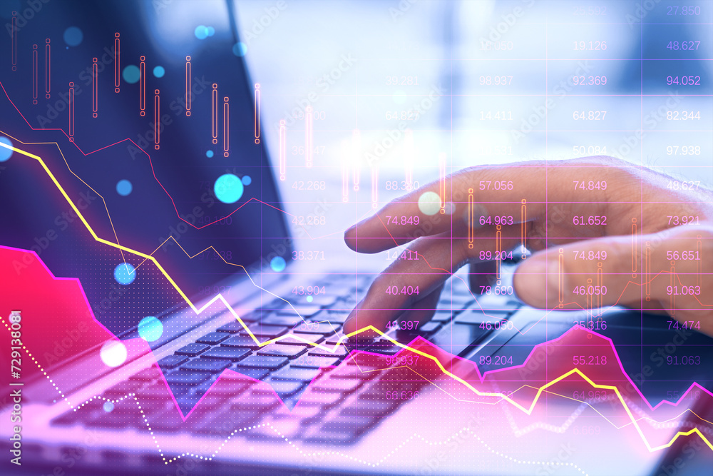 Poster close up of male hand using laptop on desk with pink crisis business and forex chart on blurry backg