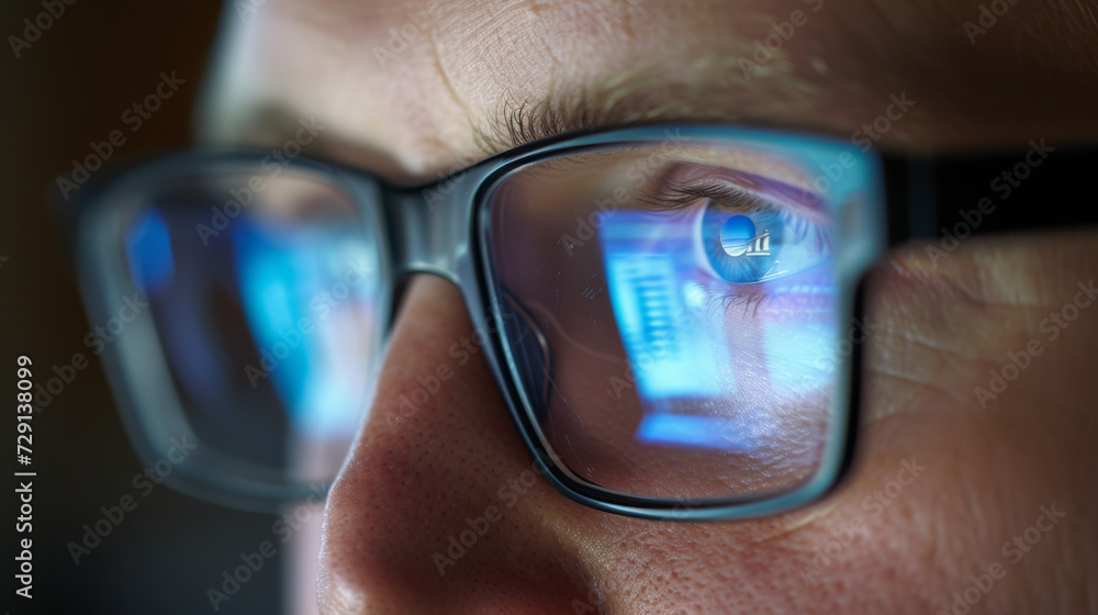Poster a close-up view of an eye seen through a pair of glasses reflecting blue digital data and graphs, su