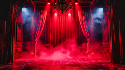 Theater stage with red velvet curtains and spotlight, symbolizing drama, performance, and entertainment in a classical or theatrical setting