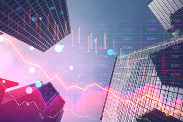 Abstract pink crisis business and forex chart on blurry toned city backdrop with bokeh circles....