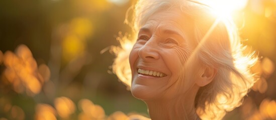 Fototapeta premium Elderly woman with grey hair, radiating joy and beauty