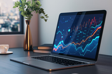 Close up of laptop with blue crisis business and forex chart at workplace with vase, coffee cup and window with city view. Downward trend and financial downfall concept. 3D Rendering. - obrazy, fototapety, plakaty