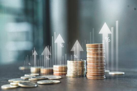 Stack of coins with up arrow and percentage symbol for finance bank increasing interest rate