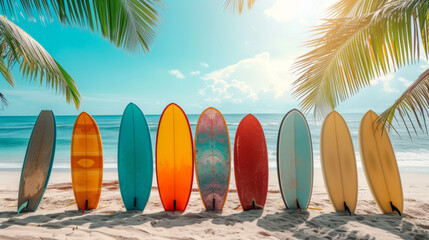 lineup of colorful surfboards standing upright on a sandy beach with palm trees in the background - obrazy, fototapety, plakaty