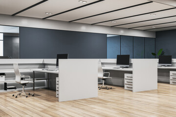 New coworking office interior with partitions and mock up place, furniture, windows and equipment....