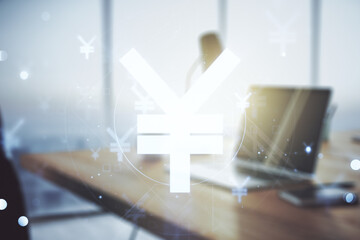 Creative Japanese Yen symbol sketch on modern laptop background, strategy and forecast concept. Multiexposure